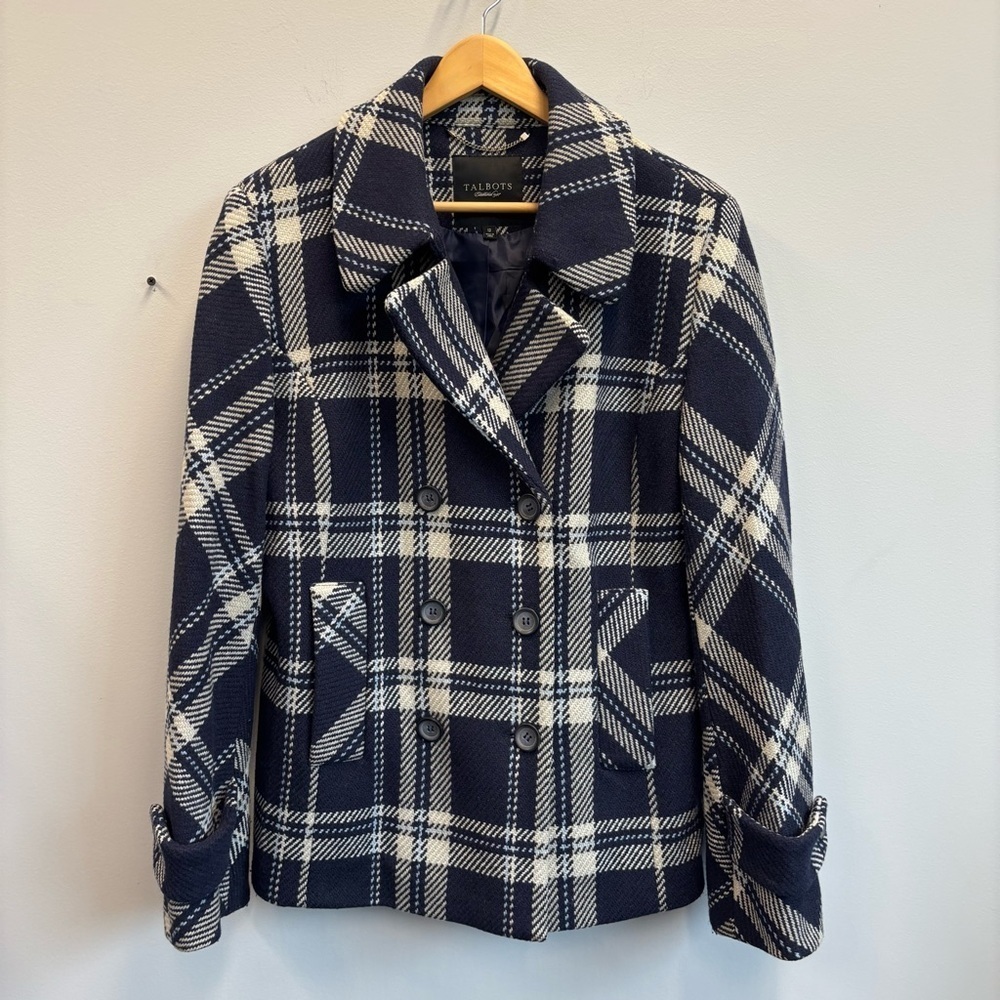 Talbots 12 Plaid Pea Coat Gray & Navy Blue Wool‎ Blend